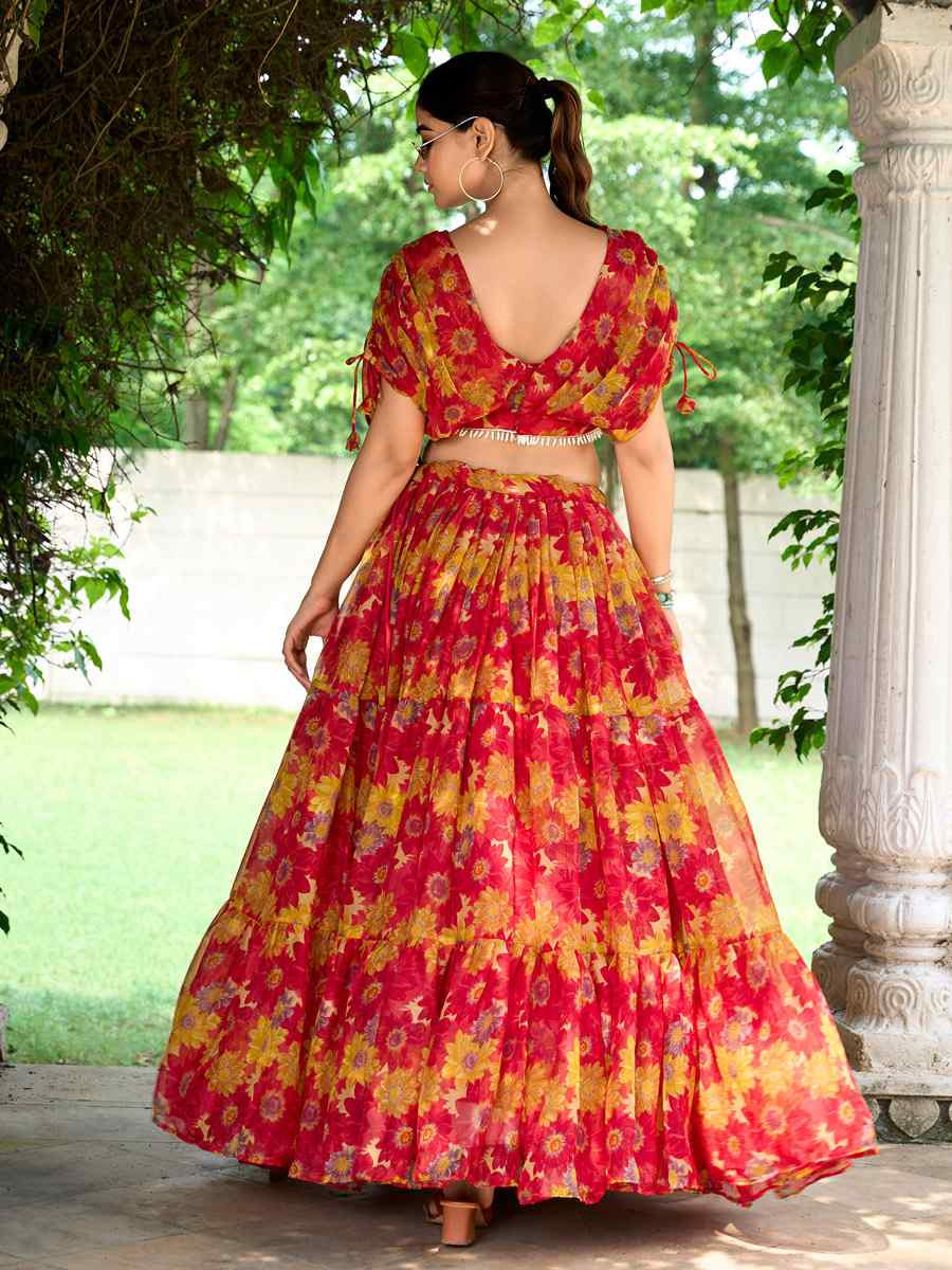 Red Chiffon Embroidered Festival Wedding Heavy Border Lehenga Choli
