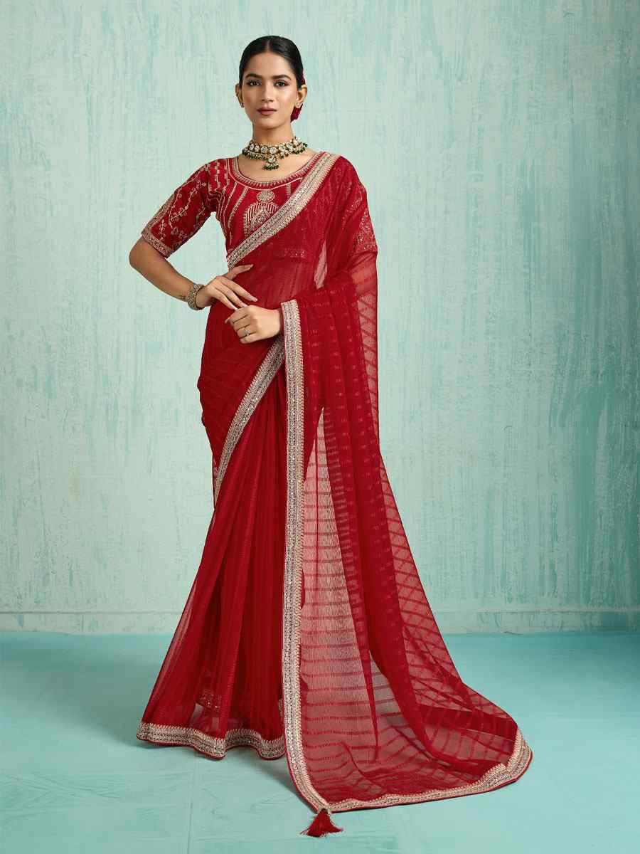 Red Chiffon Embroidery Bridal Reception Festival Wedding Fancy Heavy Border Saree