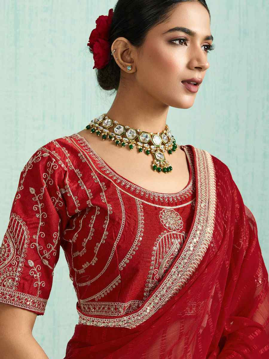 Red Chiffon Embroidery Bridal Reception Festival Wedding Fancy Heavy Border Saree