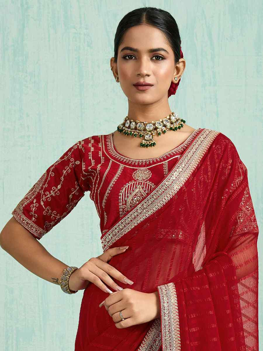 Red Chiffon Embroidery Bridal Reception Festival Wedding Fancy Heavy Border Saree