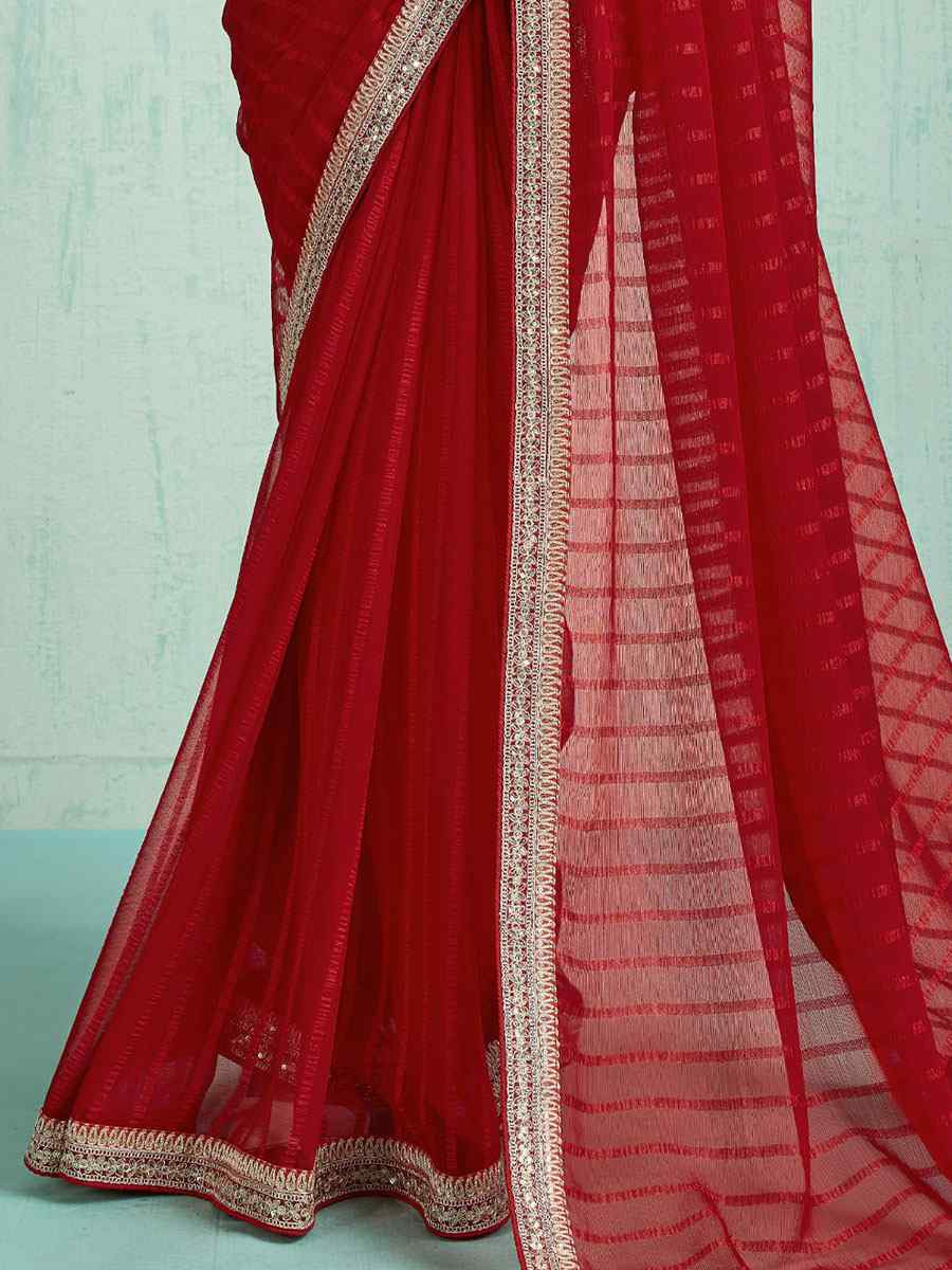 Red Chiffon Embroidery Bridal Reception Festival Wedding Fancy Heavy Border Saree