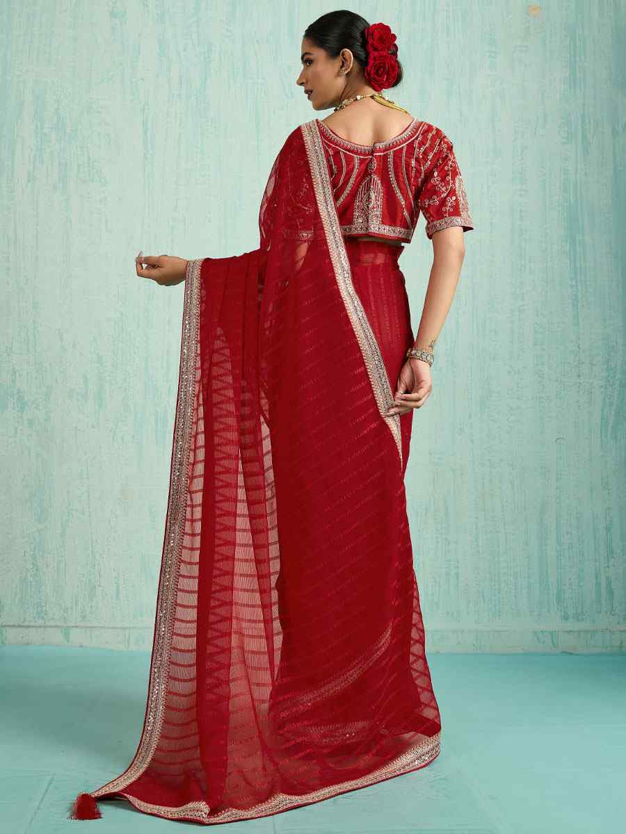 Red Chiffon Embroidery Bridal Reception Festival Wedding Fancy Heavy Border Saree