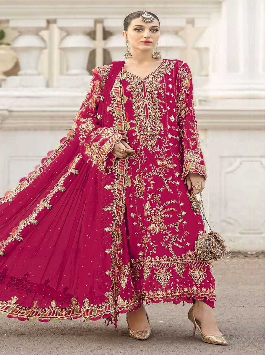 Red Chiffon Embroidery Zari Sequins Wedding Party Festival Engagement Pant Salwar Kameez