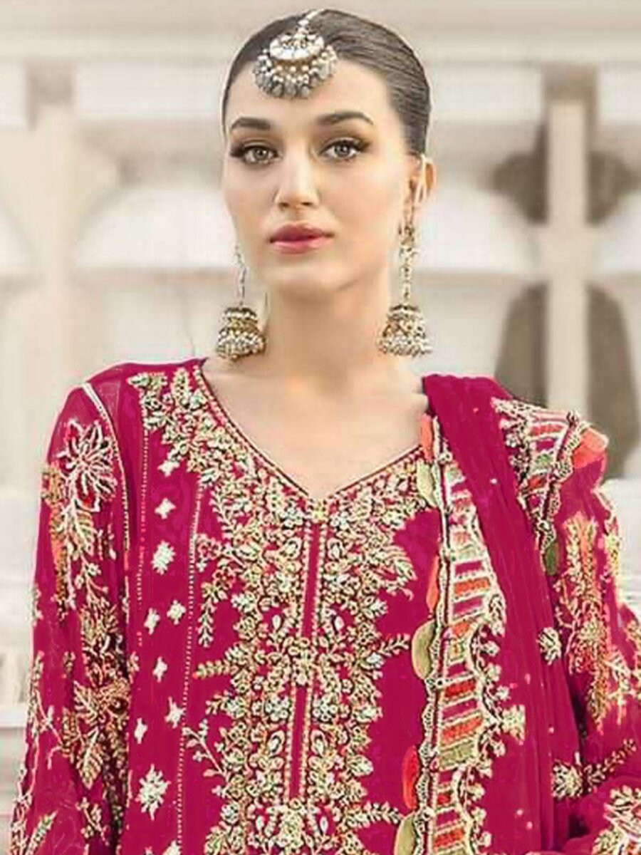 Red Chiffon Embroidery Zari Sequins Wedding Party Festival Engagement Pant Salwar Kameez