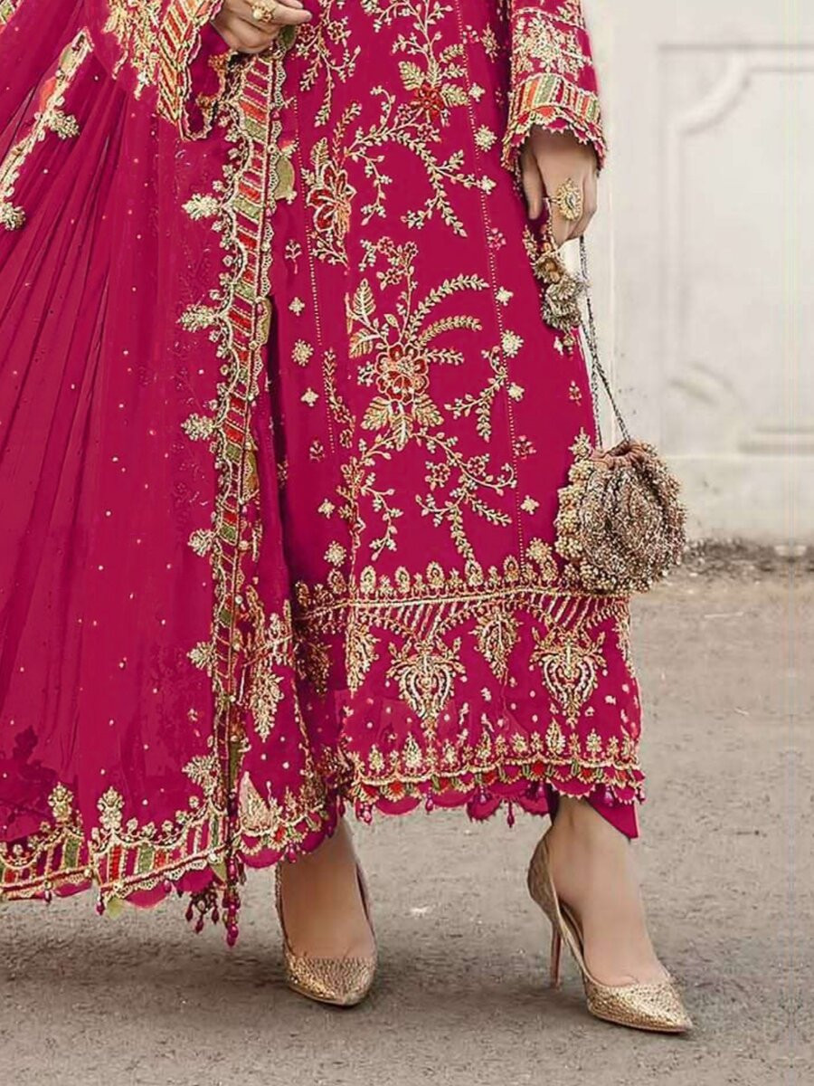Red Chiffon Embroidery Zari Sequins Wedding Party Festival Engagement Pant Salwar Kameez