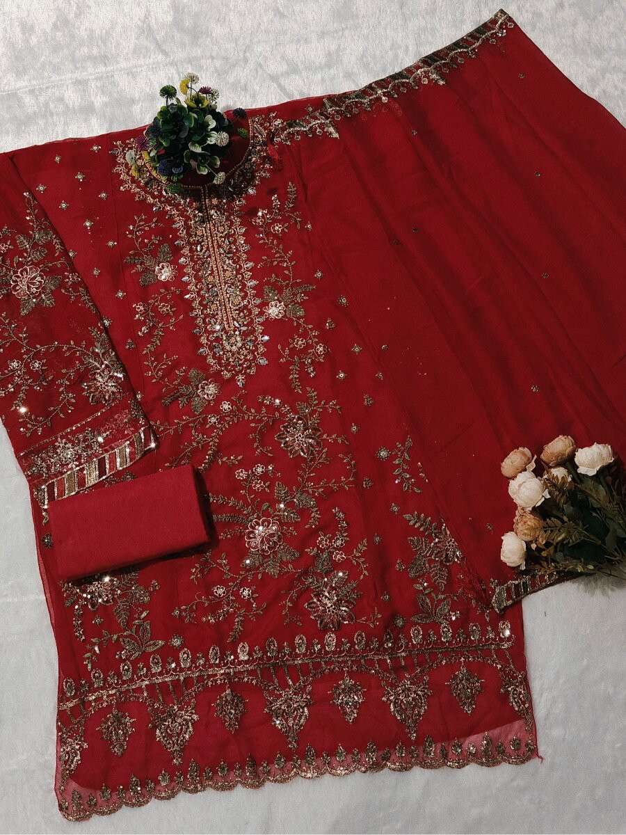 Red Chiffon Embroidery Zari Sequins Wedding Party Festival Engagement Pant Salwar Kameez