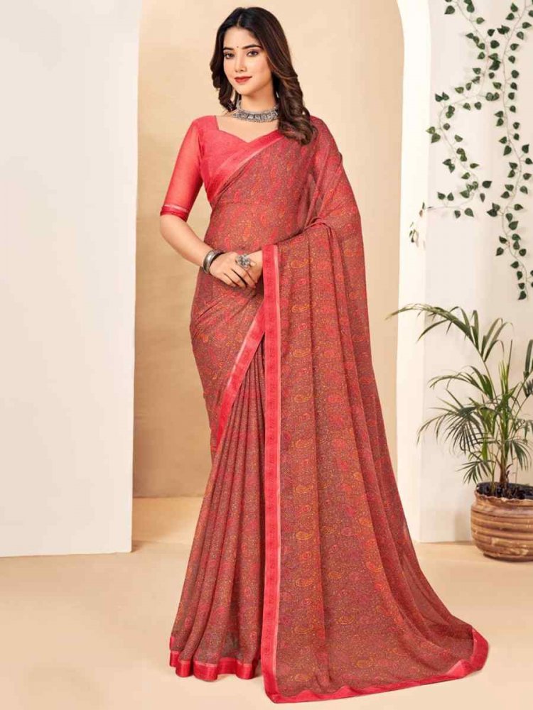 Red Chiffon Printed Casual Festival Contemporary Saree