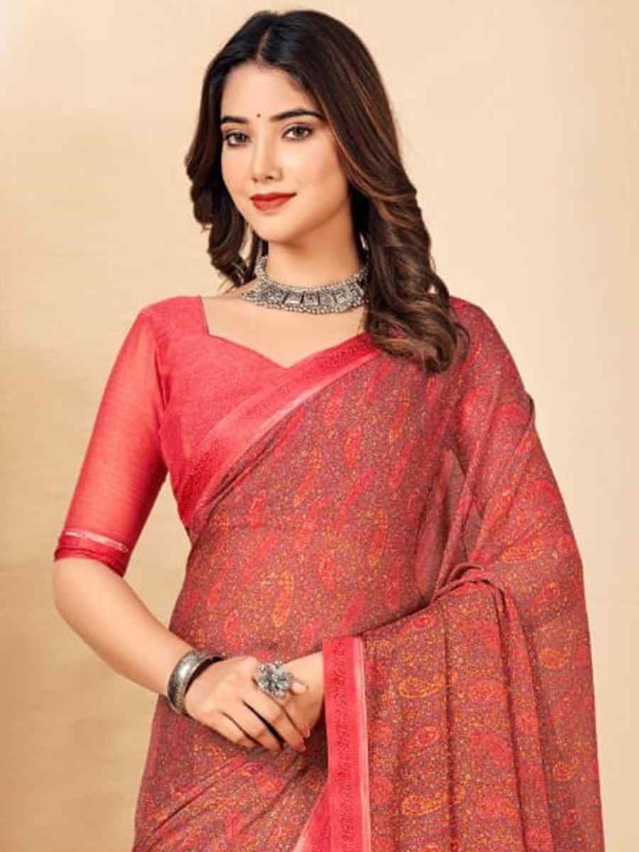 Red Chiffon Printed Casual Festival Contemporary Saree
