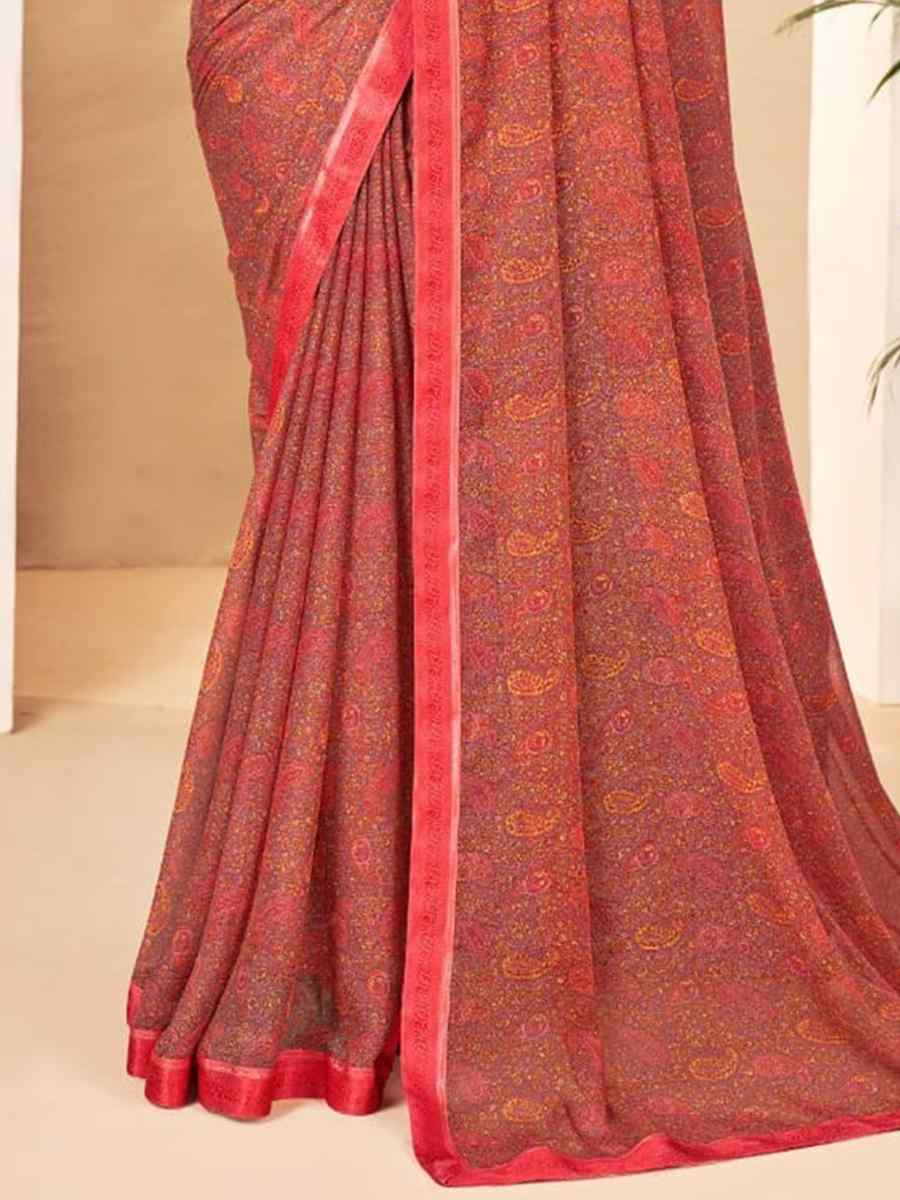 Red Chiffon Printed Casual Festival Contemporary Saree