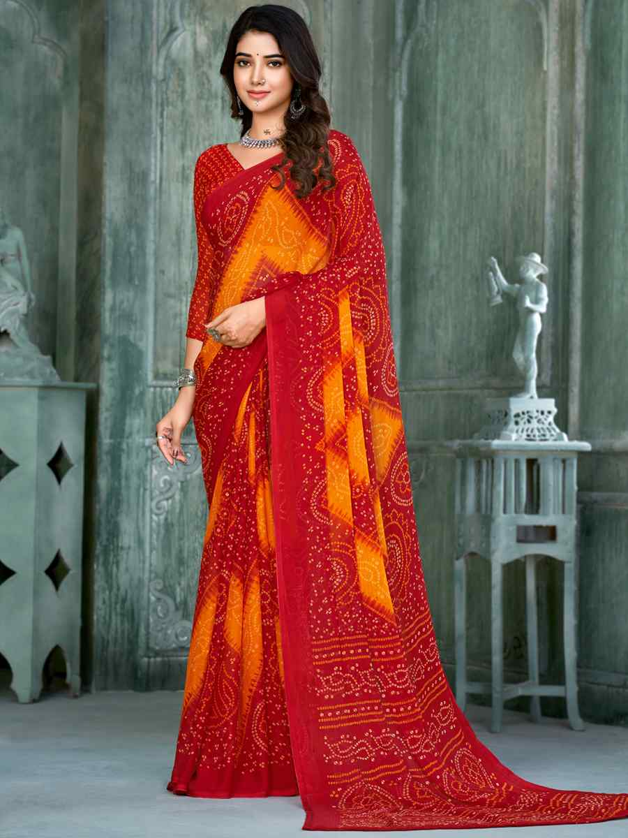 Red Chiffon Printed Casual Festival Contemporary Saree