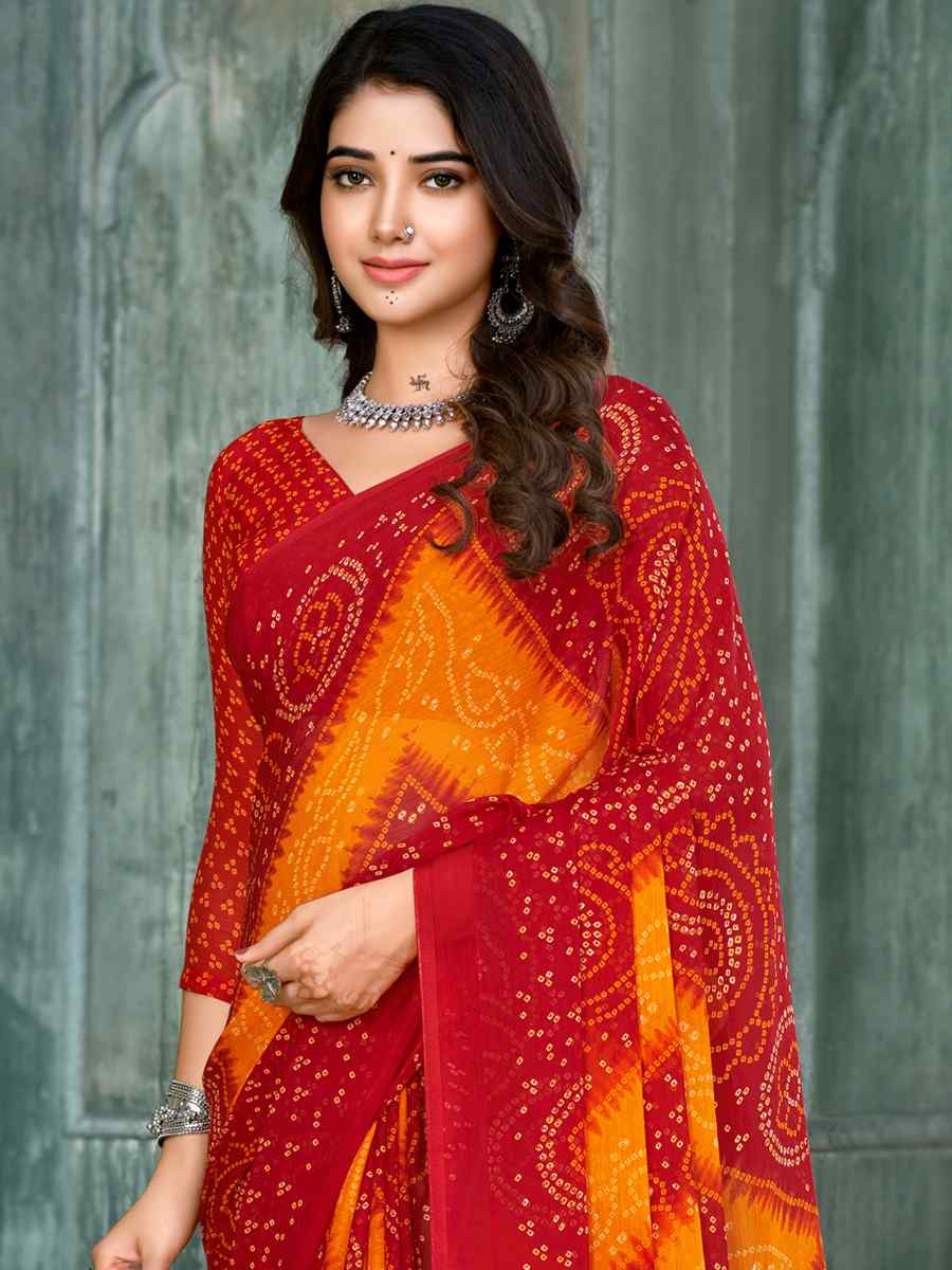 Red Chiffon Printed Casual Festival Contemporary Saree