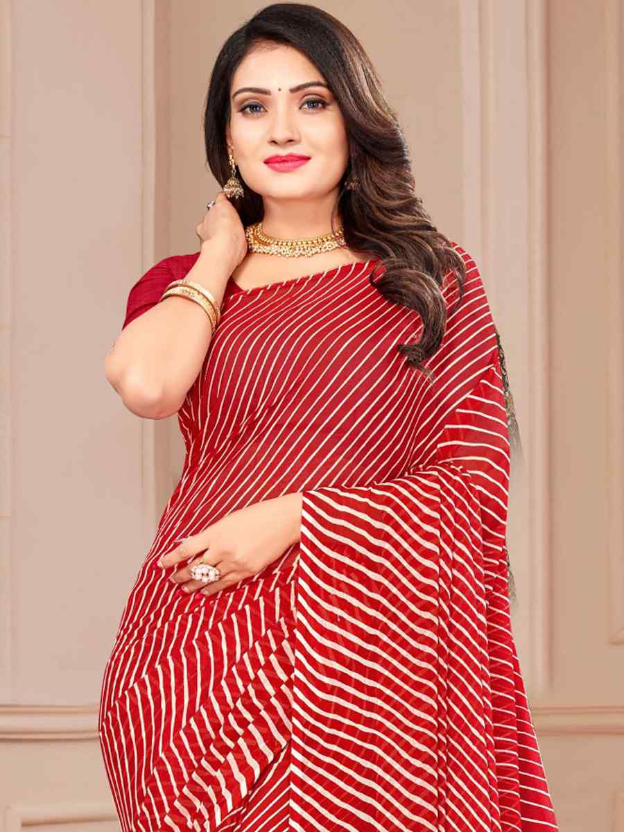 Red Chiffon Printed Casual Festival Contemporary Saree