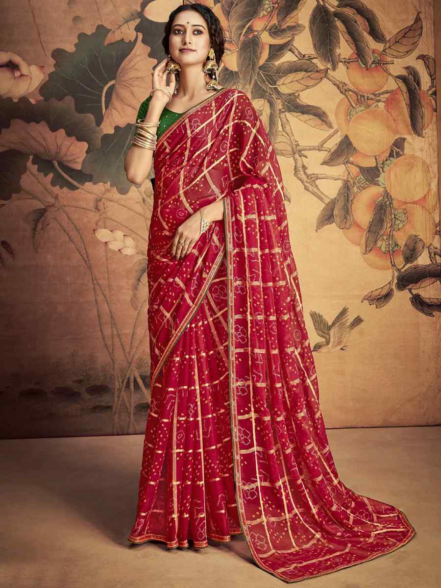 Red Chiffon Printed Casual Festival Contemporary Saree