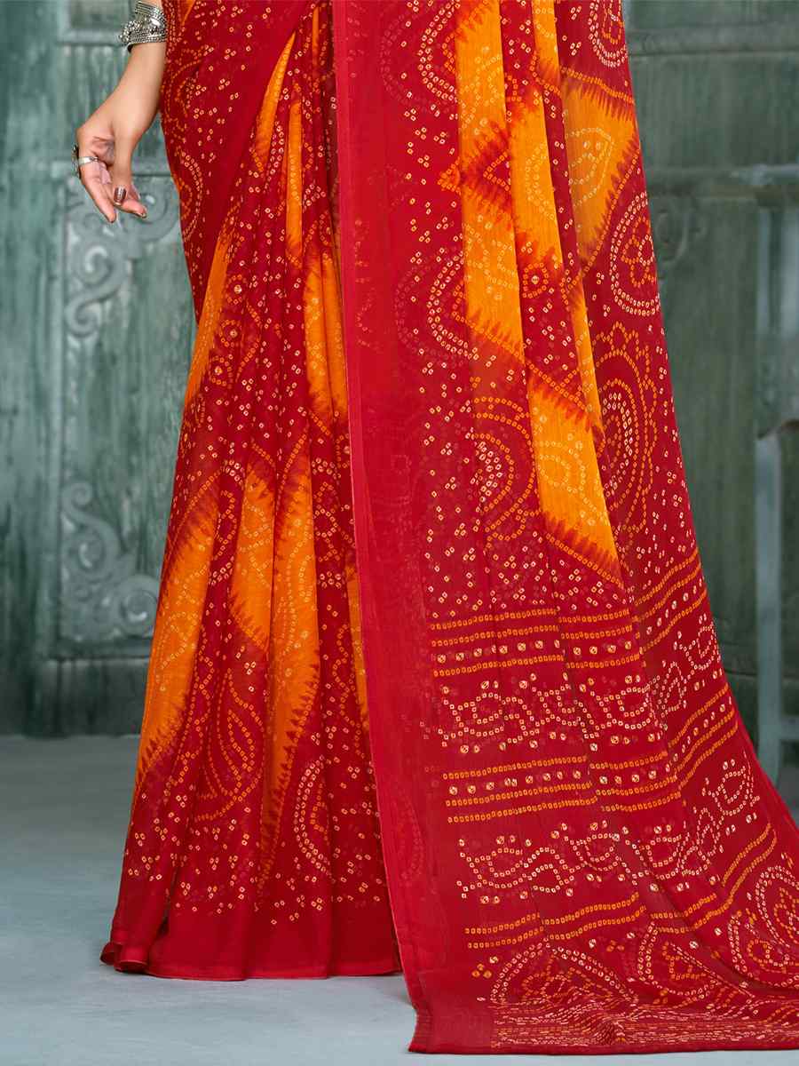 Red Chiffon Printed Casual Festival Contemporary Saree