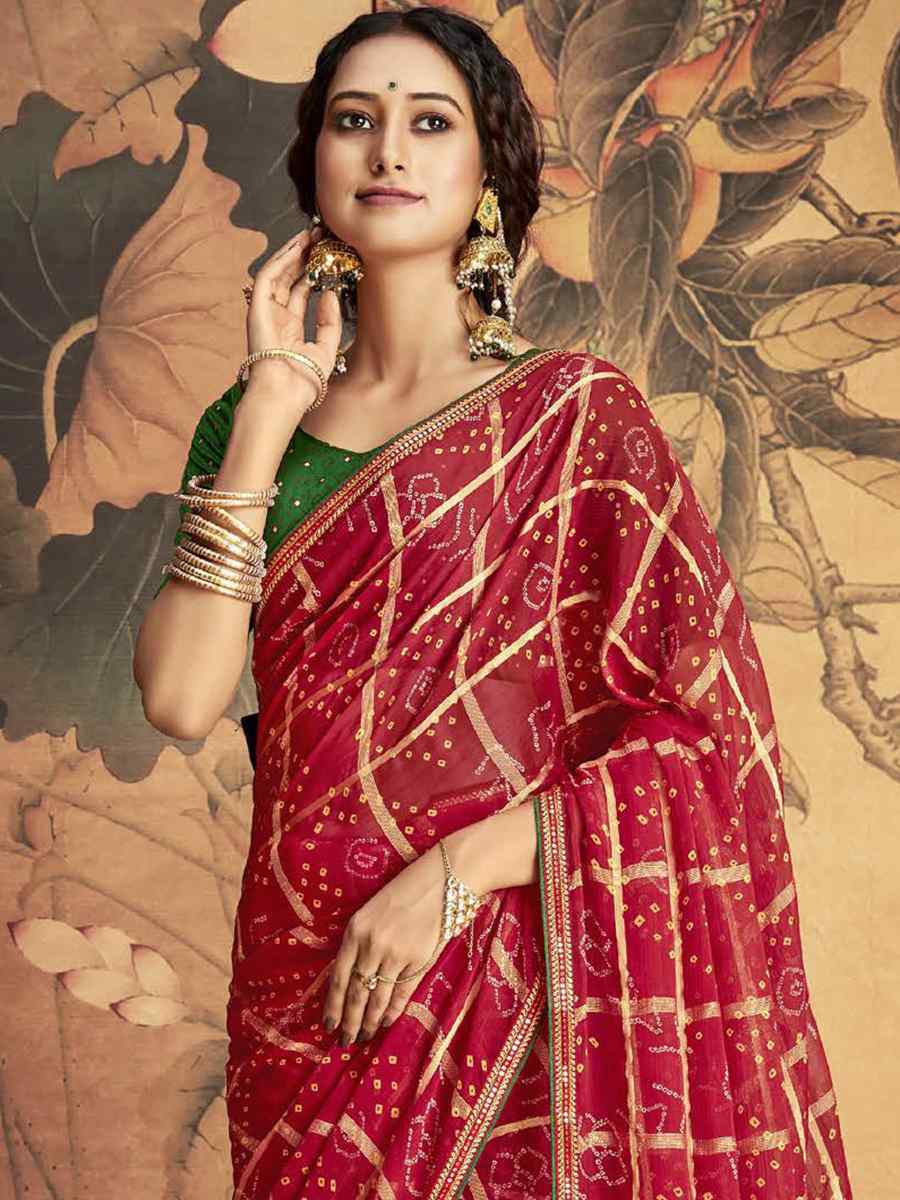 Red Chiffon Printed Casual Festival Contemporary Saree