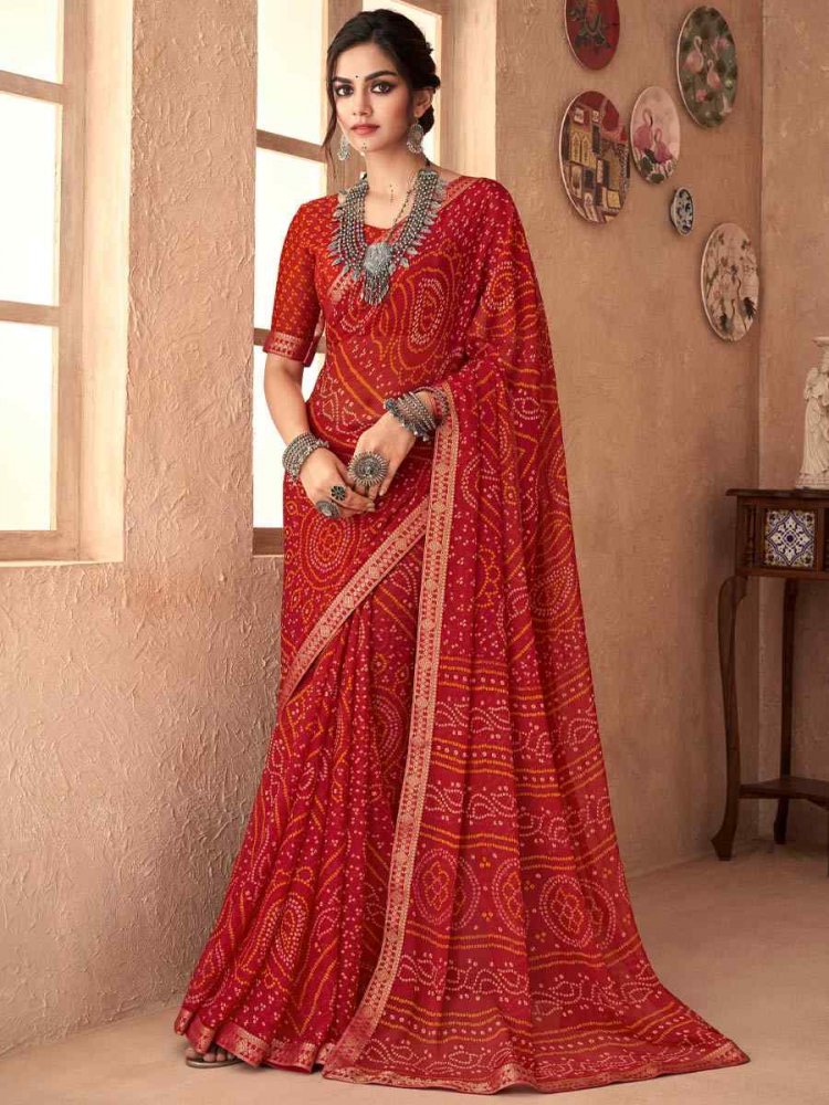 Red Chiffon Printed Casual Party Contemporary Saree