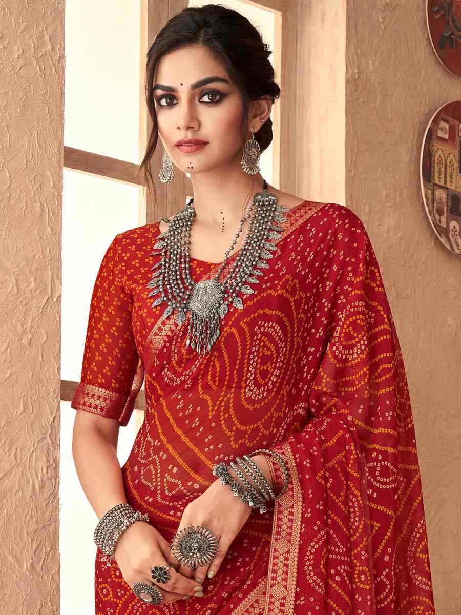 Red Chiffon Printed Casual Party Contemporary Saree