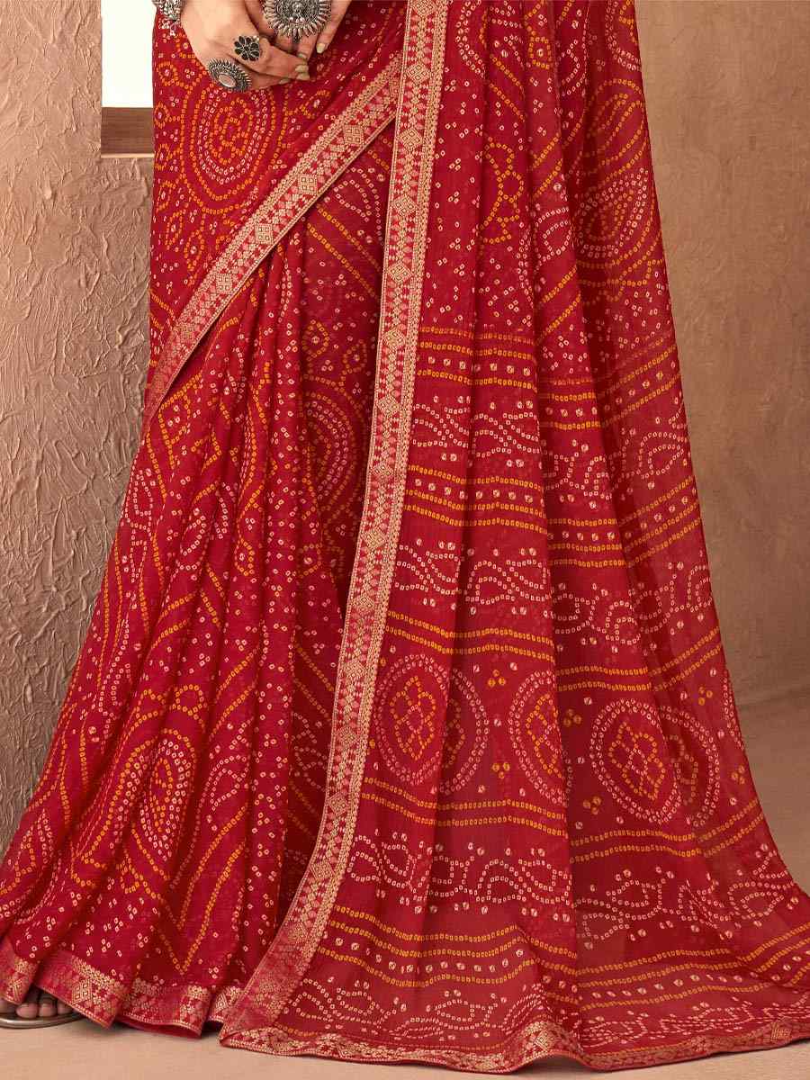 Red Chiffon Printed Casual Party Contemporary Saree