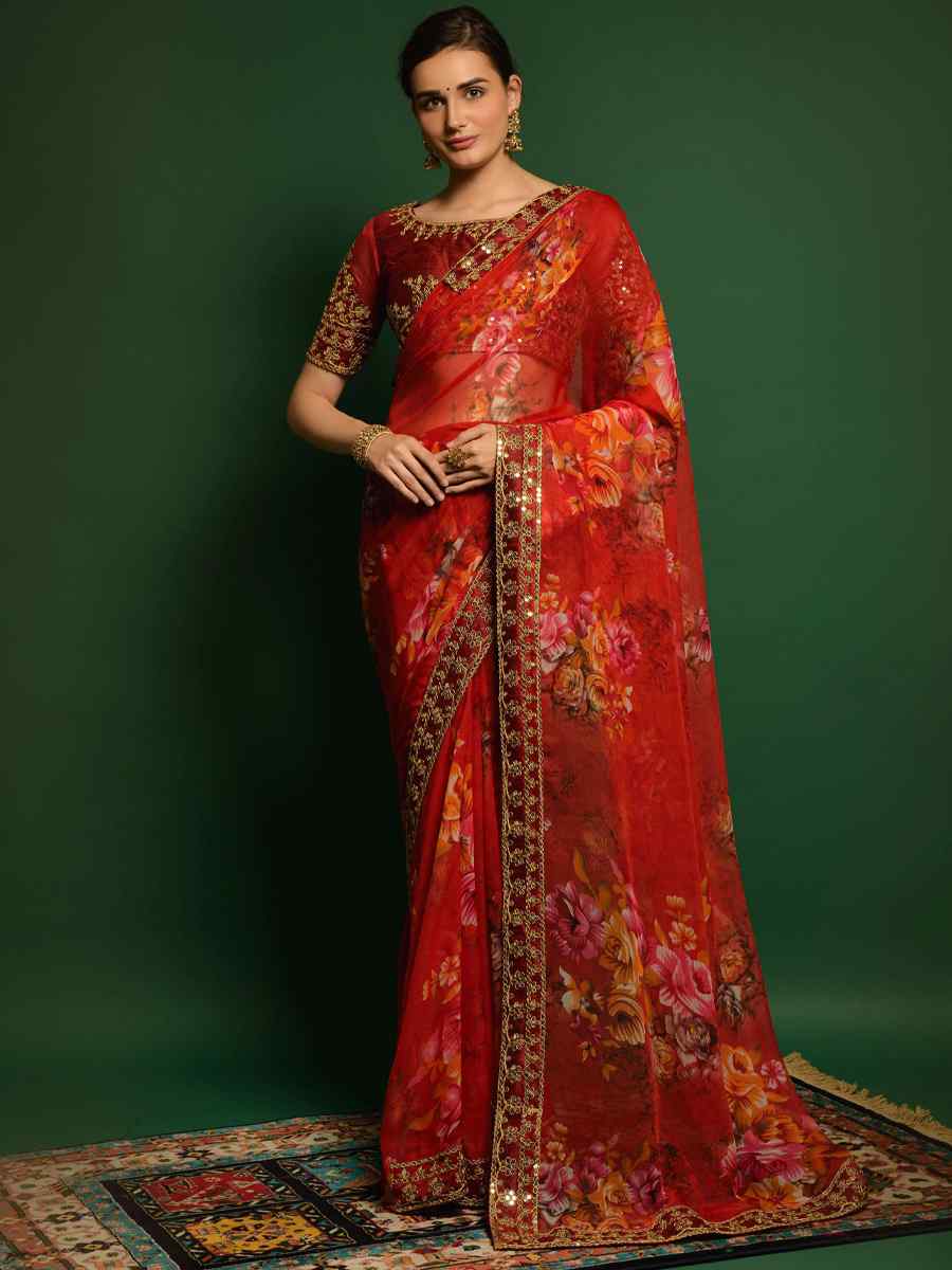 Red Chiffon Printed Party Festival Classic Style Saree