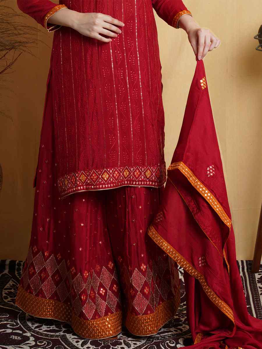 Red Chinon Chiffon Embroidered Festival Wedding Palazzo Pant Salwar Kameez