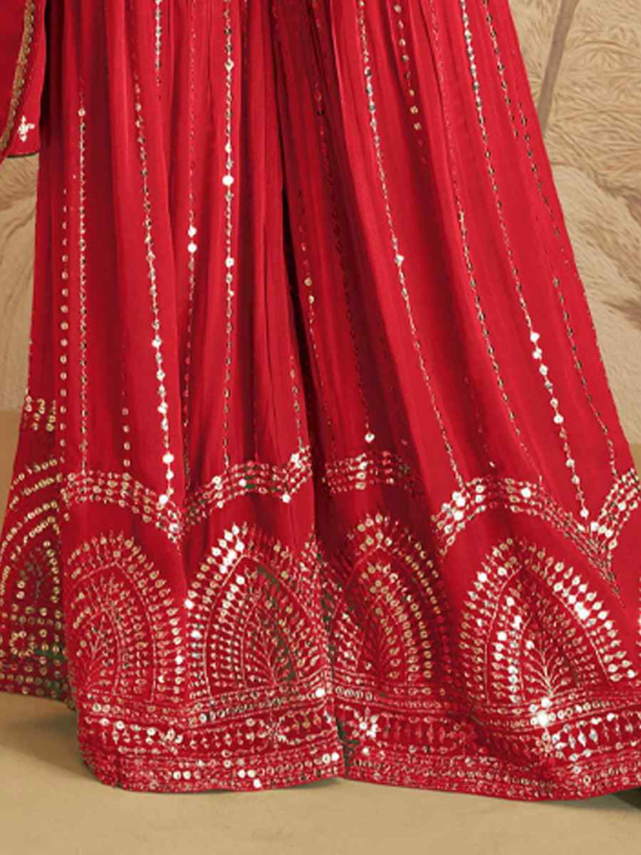 Red Chinon Crub Embroidered Festival Wedding Palazzo Pant Salwar Kameez