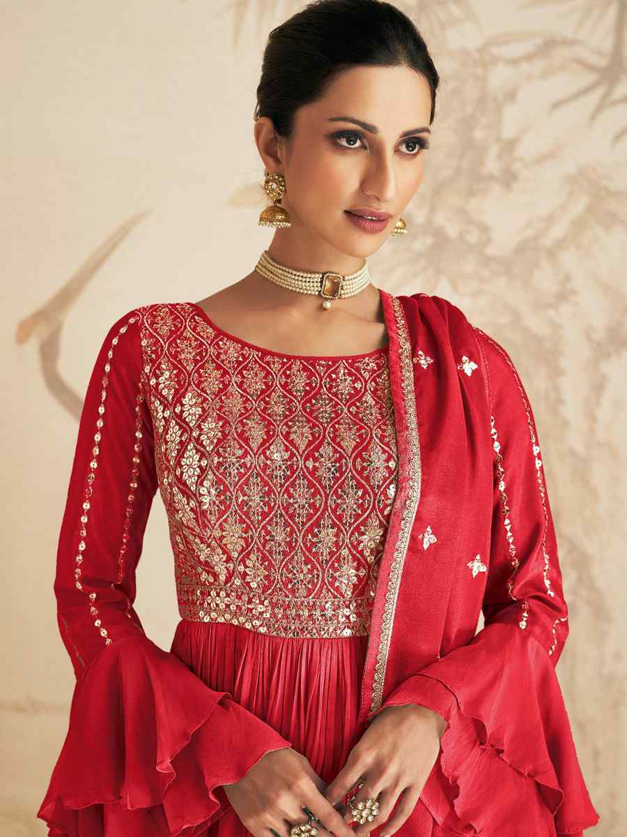 Red Chinon Crub Embroidered Festival Wedding Palazzo Pant Salwar Kameez