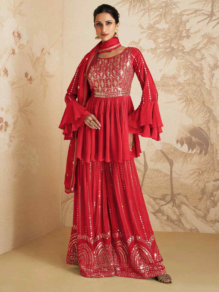 Red Chinon Crub Embroidered Festival Wedding Palazzo Pant Salwar Kameez