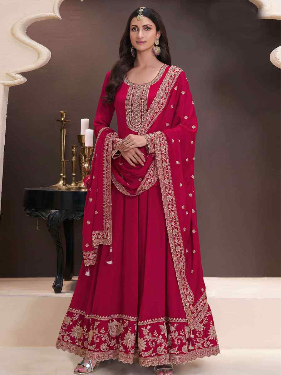 Red Chinon Embroidered Festival Wedding Anarkali Salwar Kameez