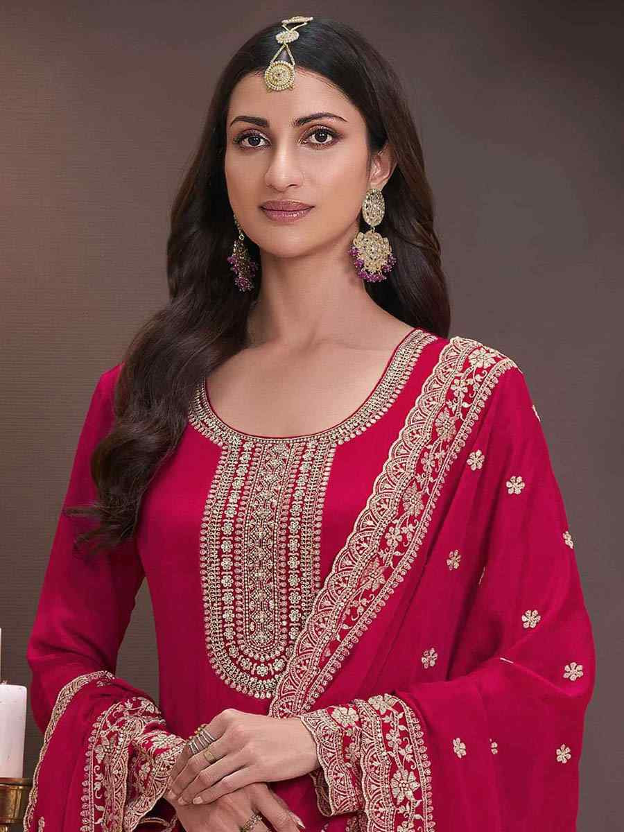 Red Chinon Embroidered Festival Wedding Anarkali Salwar Kameez