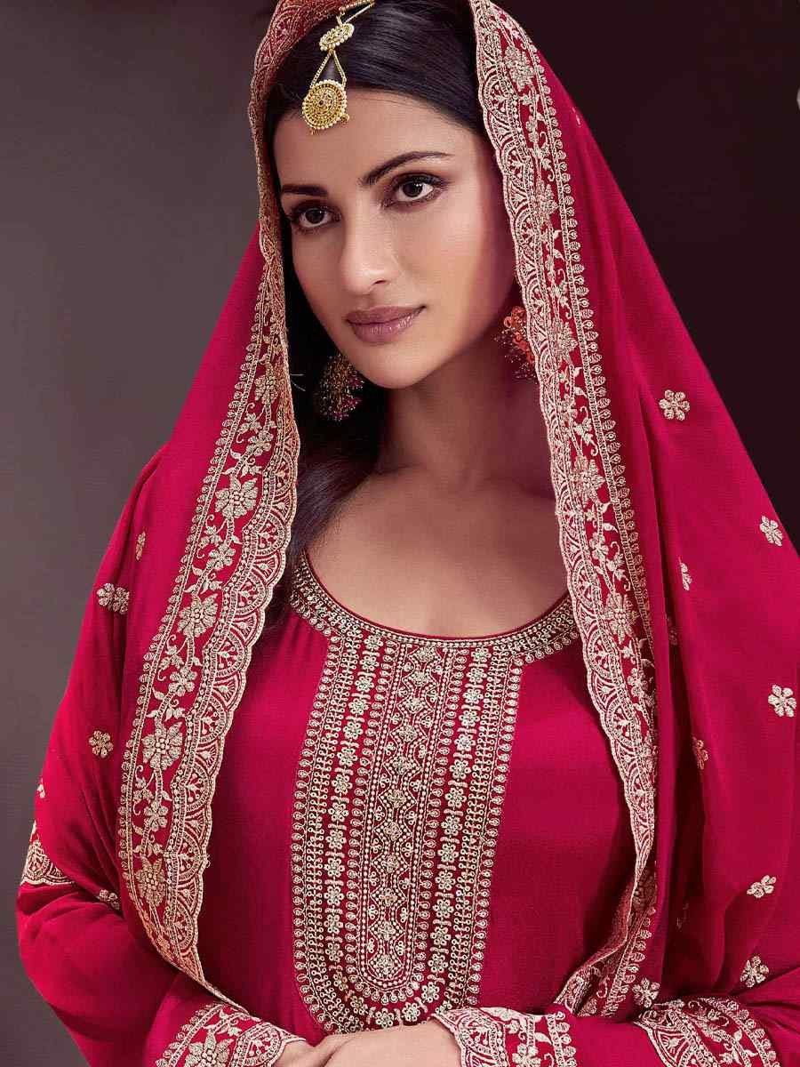 Red Chinon Embroidered Festival Wedding Anarkali Salwar Kameez