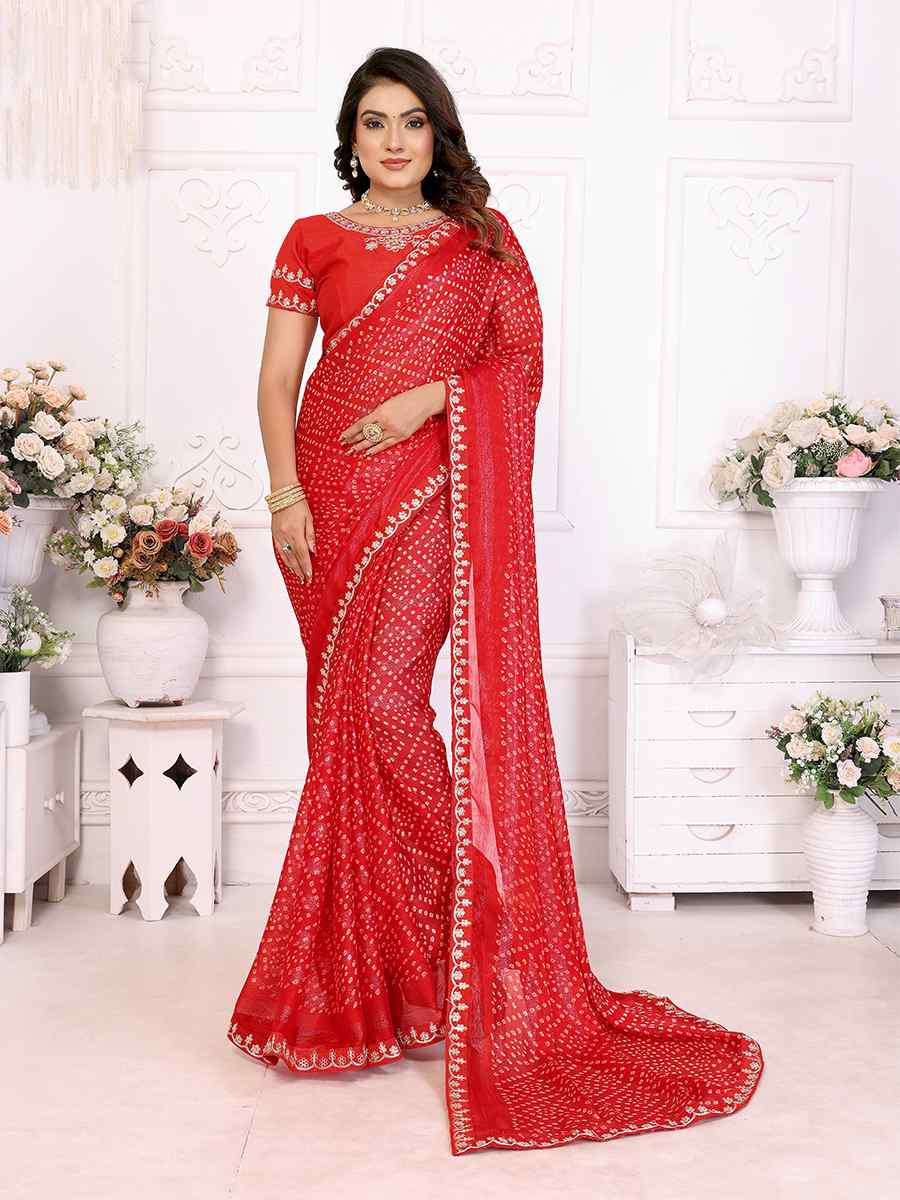 Red Chinon Embroidered Festival Wedding Fancy Heavy Border Saree