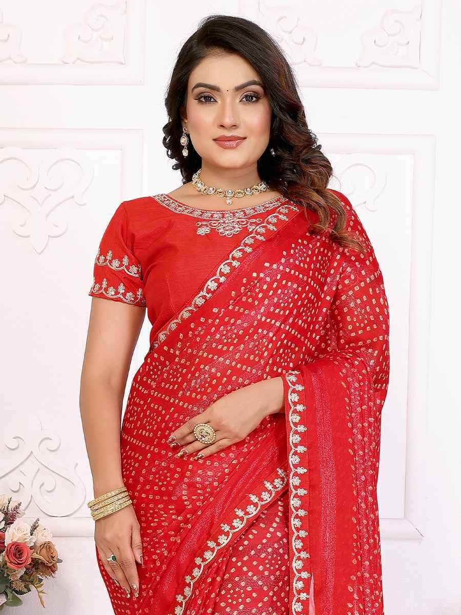 Red Chinon Embroidered Festival Wedding Fancy Heavy Border Saree