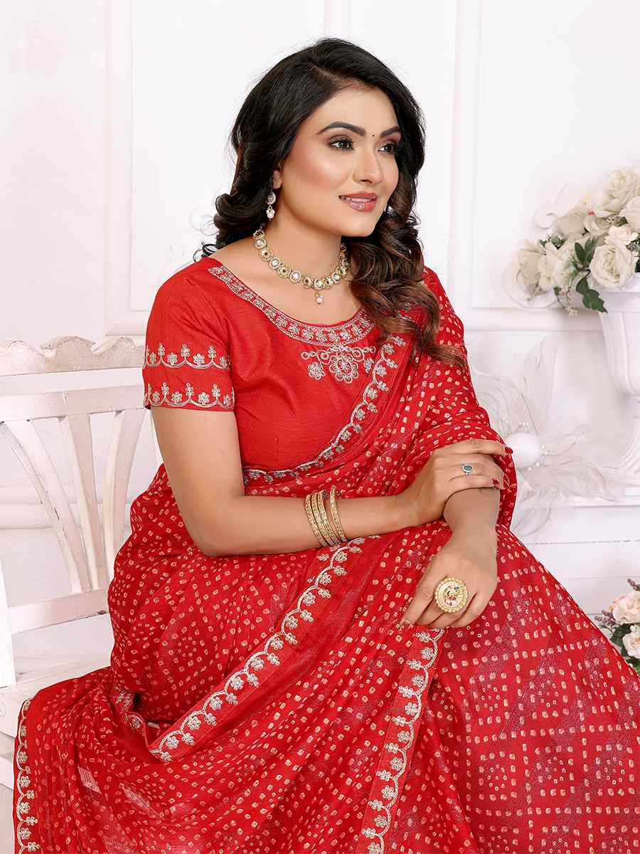 Red Chinon Embroidered Festival Wedding Fancy Heavy Border Saree