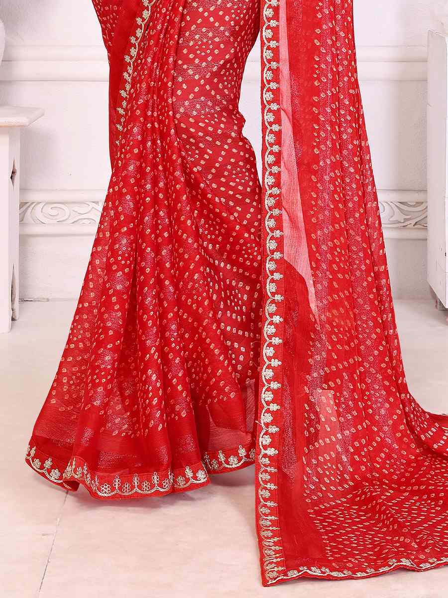 Red Chinon Embroidered Festival Wedding Fancy Heavy Border Saree