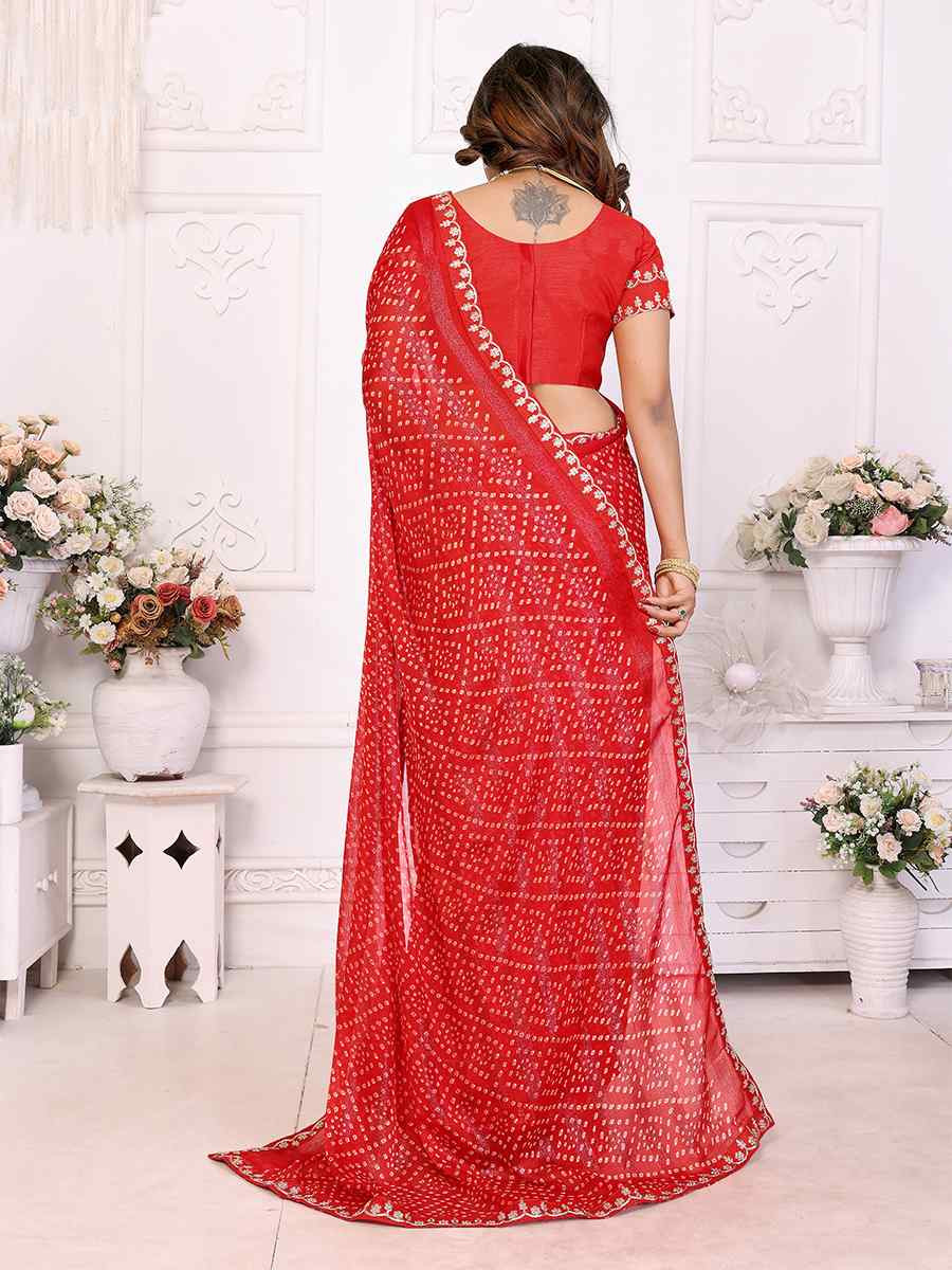 Red Chinon Embroidered Festival Wedding Fancy Heavy Border Saree