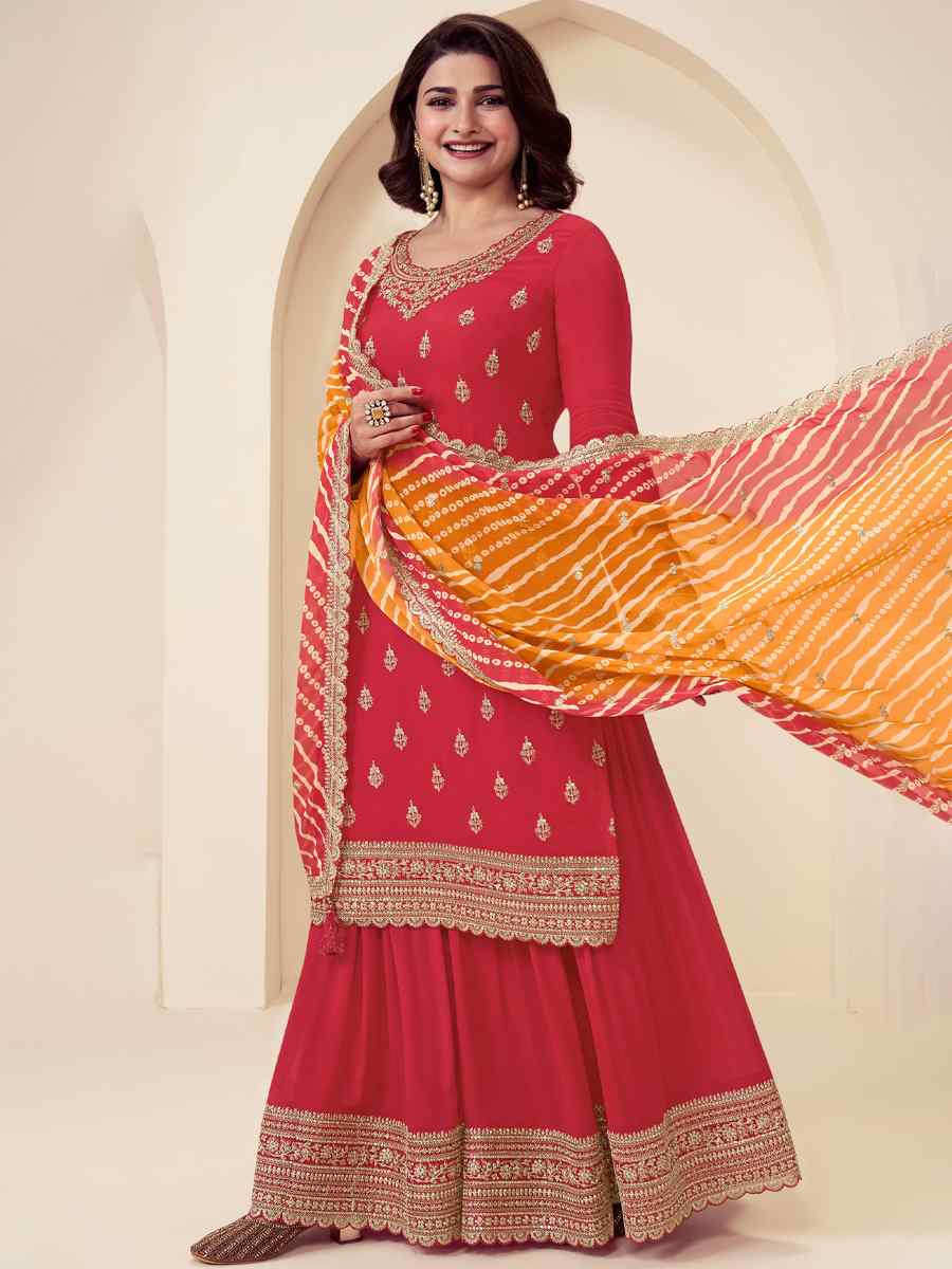 Red Chinon Embroidered Festival Wedding Palazzo Pant Salwar Kameez