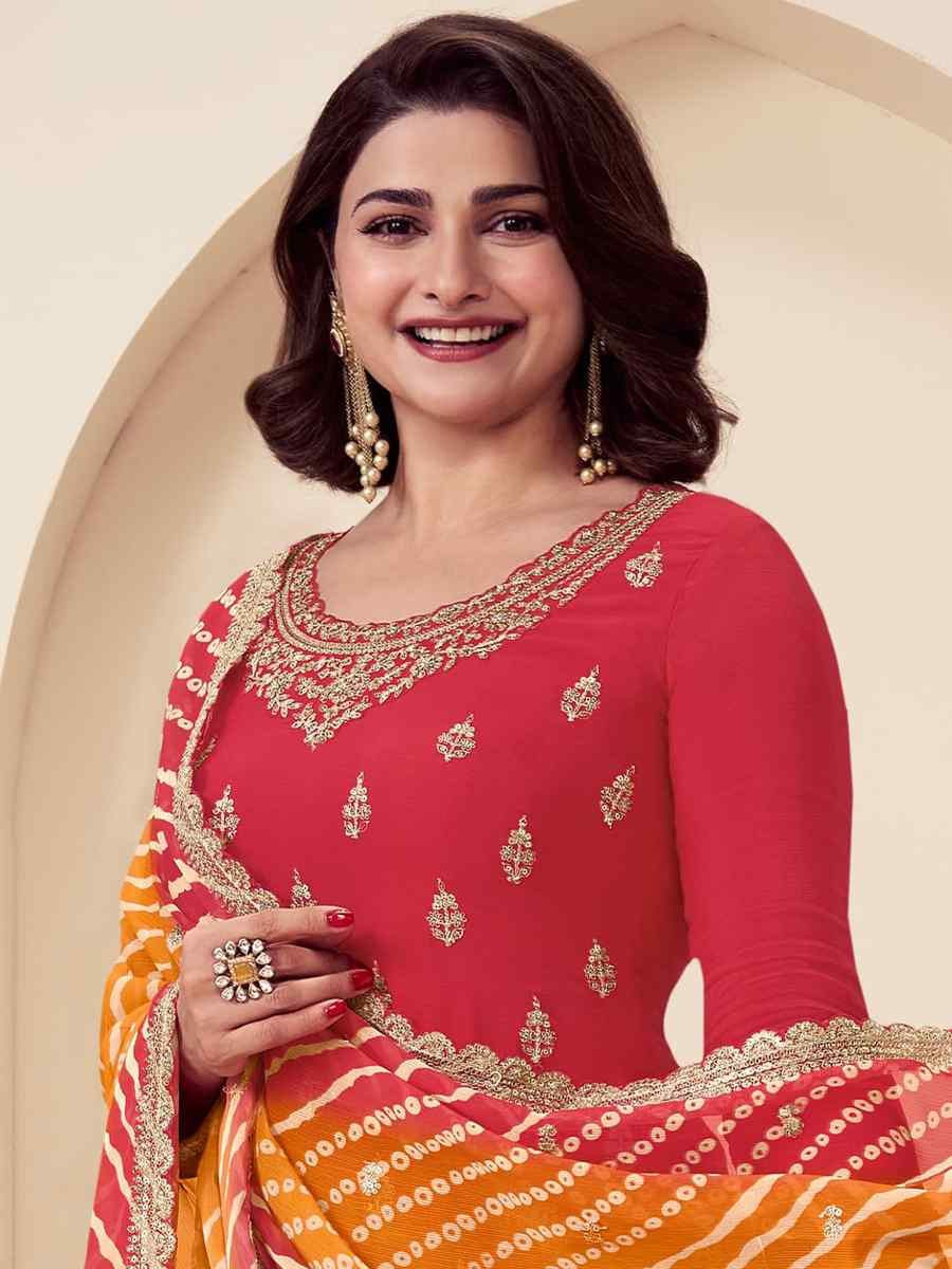 Red Chinon Embroidered Festival Wedding Palazzo Pant Salwar Kameez