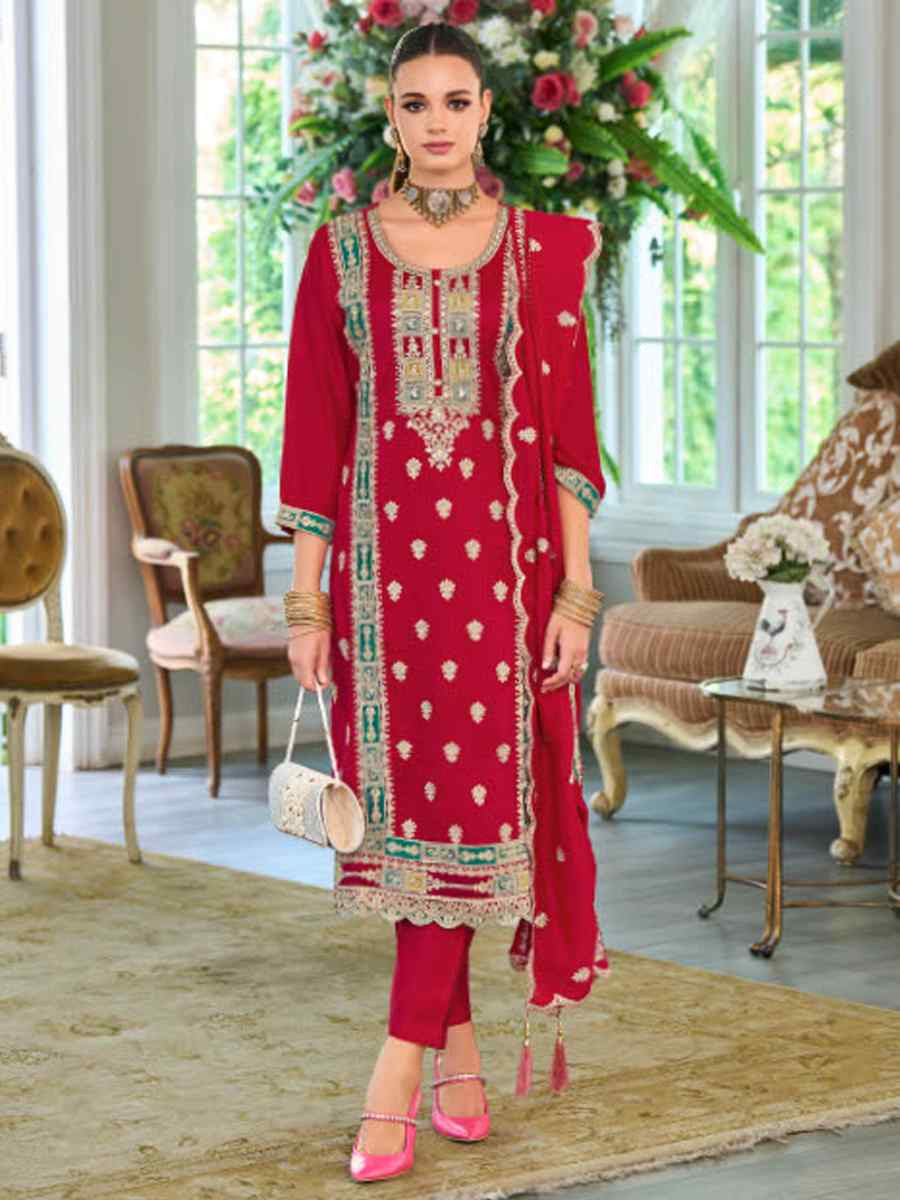 Red Chinon Embroidery Party Wedding Festival Casual Ready Pant Salwar Kameez