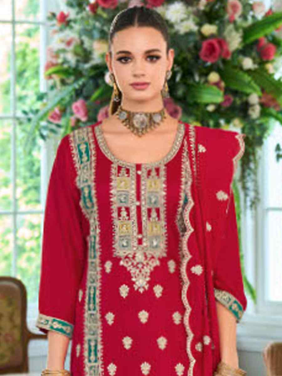 Red Chinon Embroidery Party Wedding Festival Casual Ready Pant Salwar Kameez