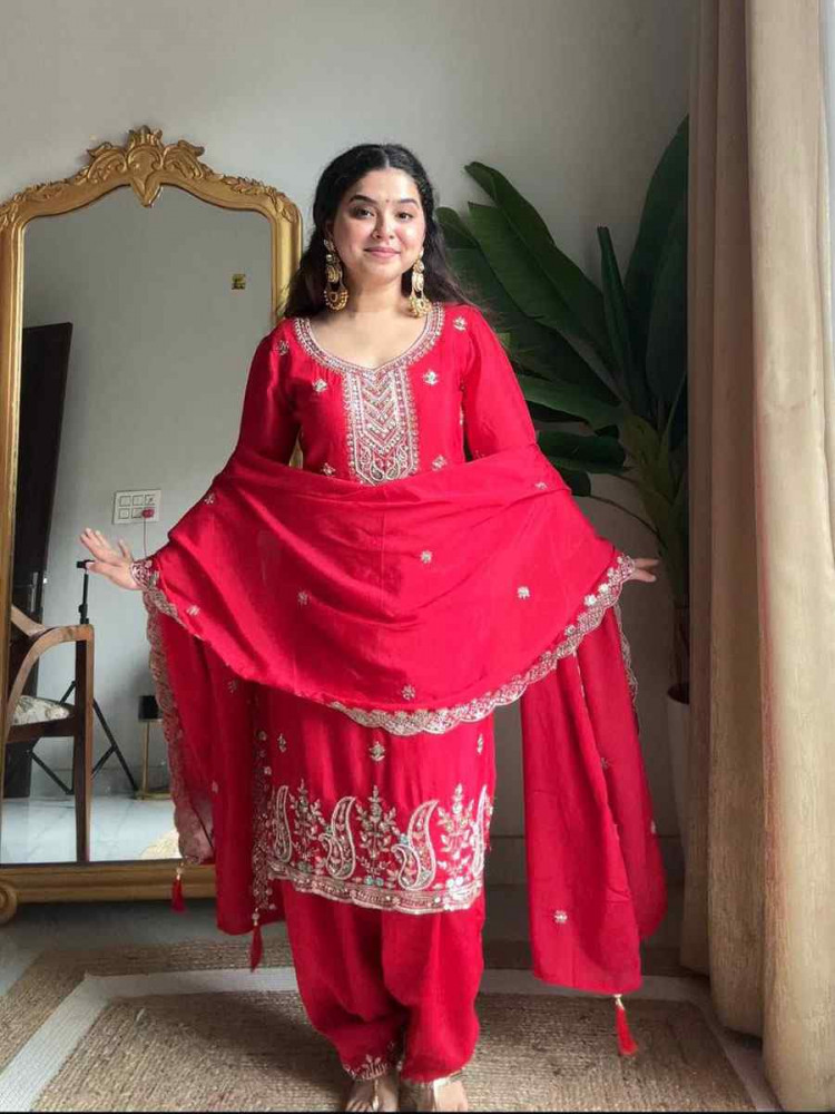 Image of Red Chinon Embroidery Party Wedding Festival Casual Ready Patiala Salwar Kameez