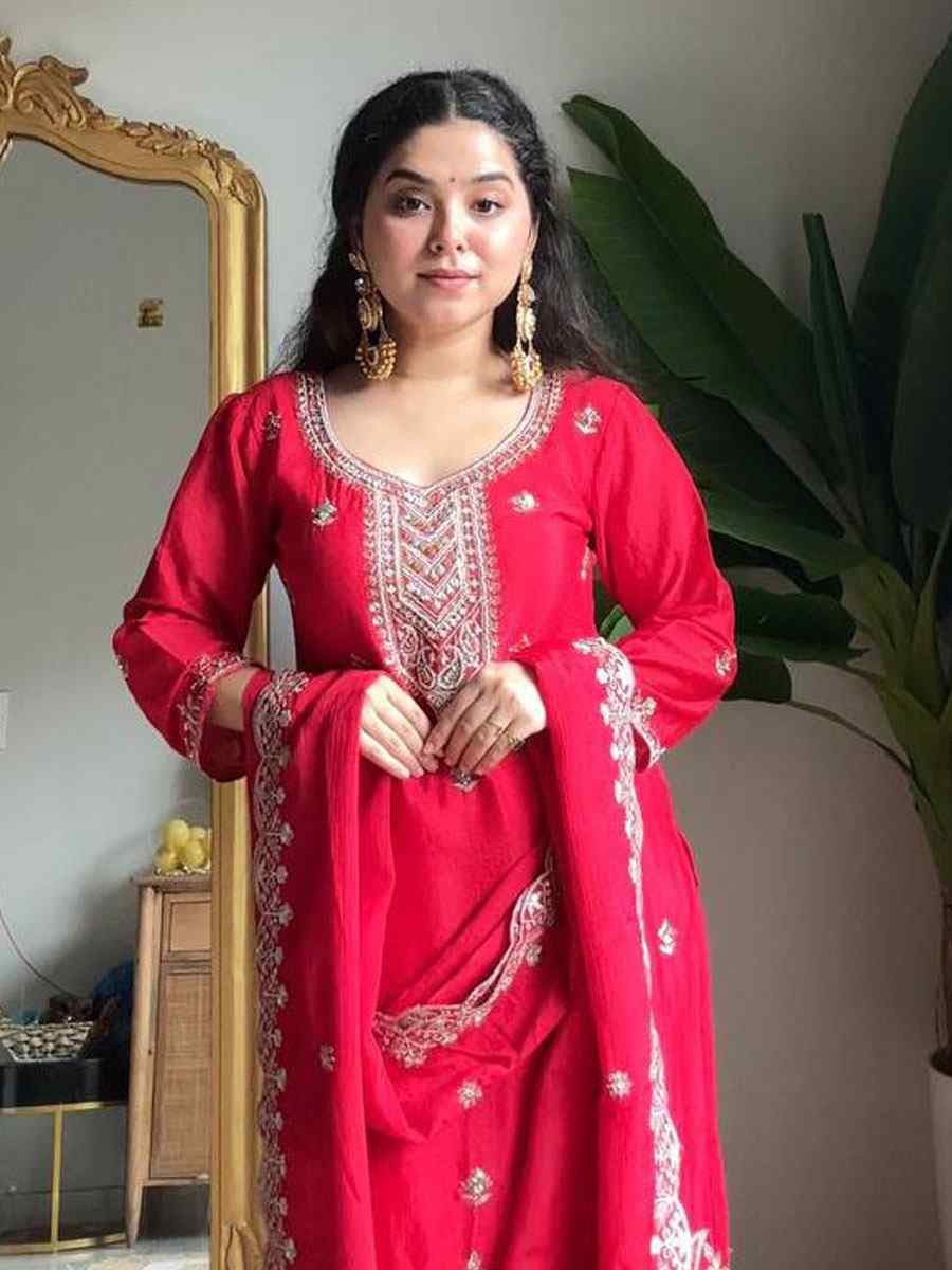 Red Chinon Embroidery Party Wedding Festival Casual Ready Patiala Salwar Kameez
