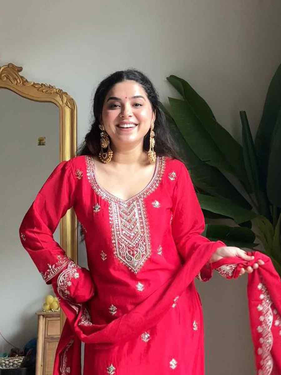 Red Chinon Embroidery Party Wedding Festival Casual Ready Patiala Salwar Kameez