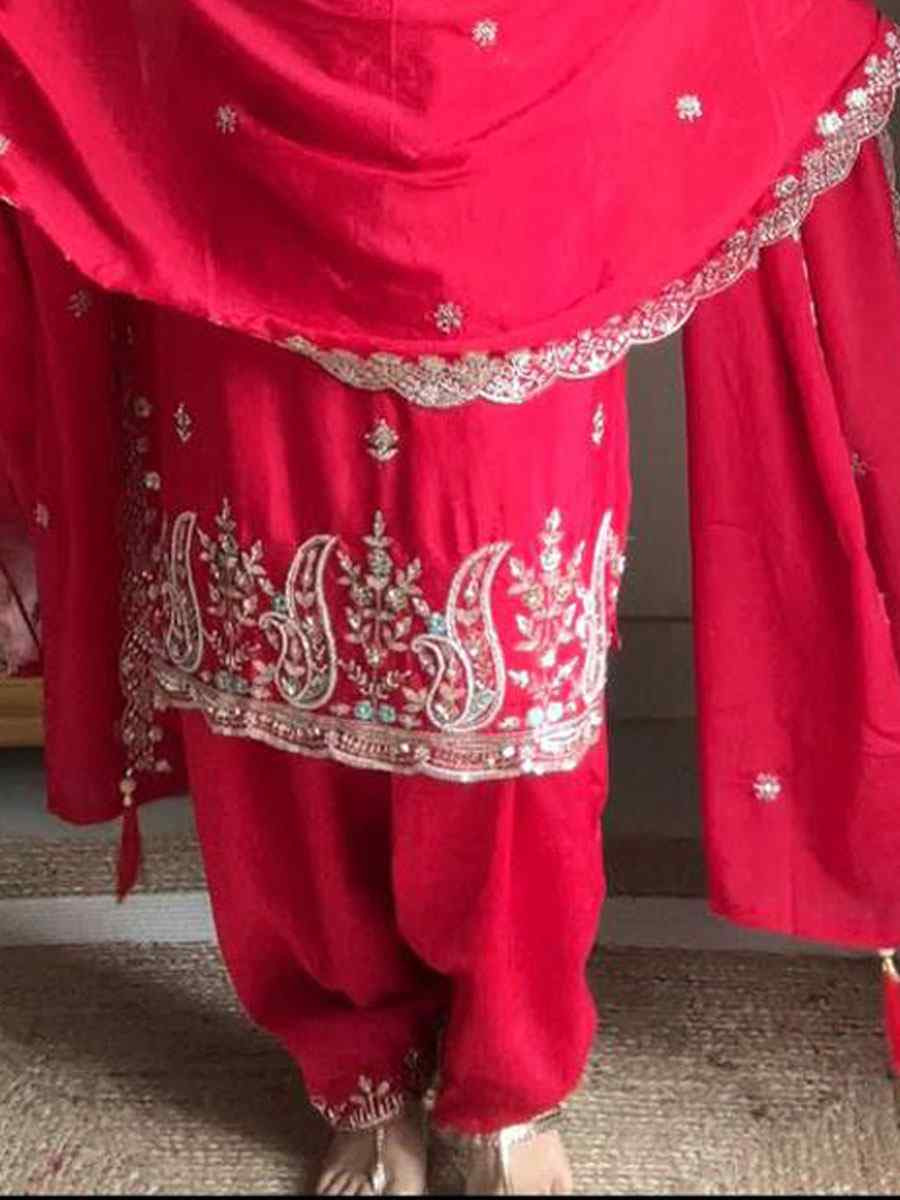 Red Chinon Embroidery Party Wedding Festival Casual Ready Patiala Salwar Kameez