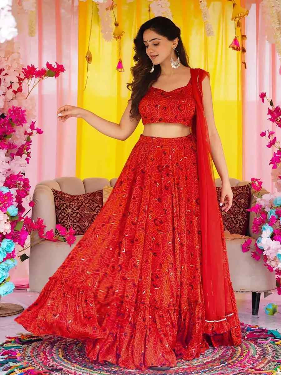 Red Chinon floral Printed Festival Traditional Lehenga Choli