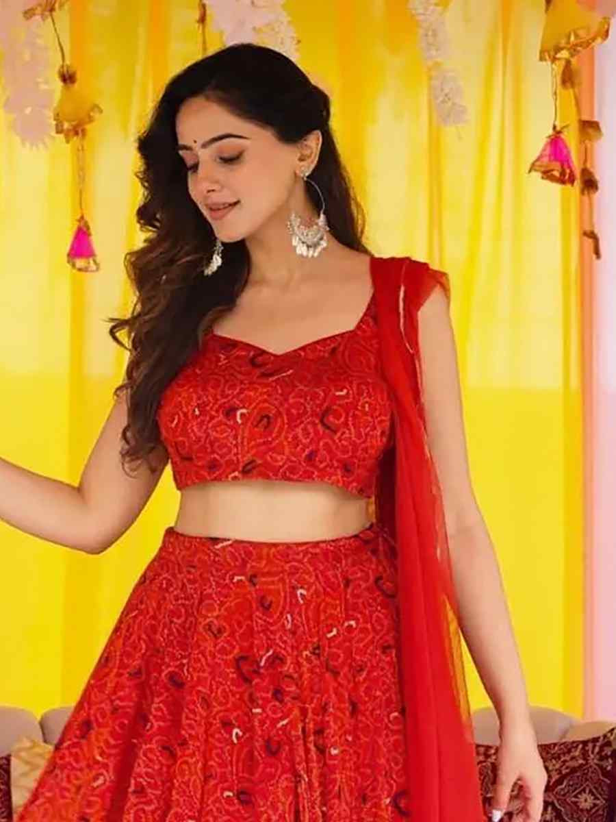 Red Chinon floral Printed Festival Traditional Lehenga Choli