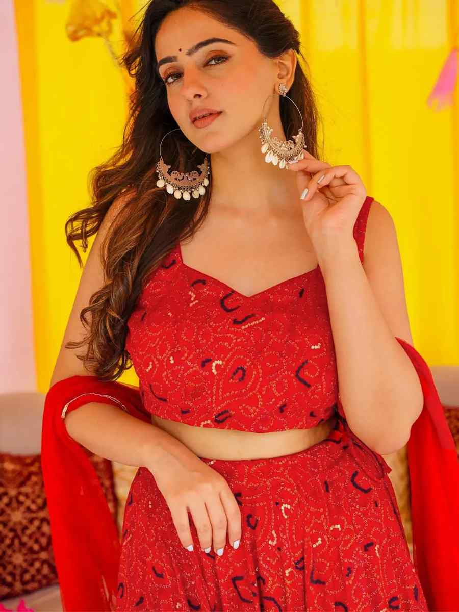 Red Chinon floral Printed Festival Traditional Lehenga Choli