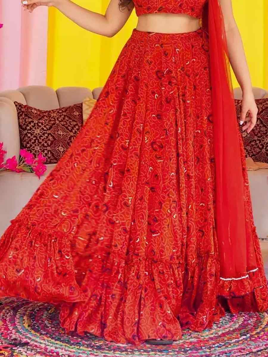 Red Chinon floral Printed Festival Traditional Lehenga Choli