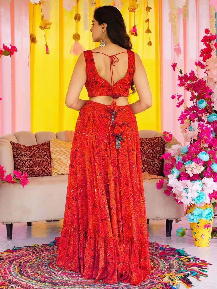 Red Chinon floral Printed Festival Traditional Lehenga Choli