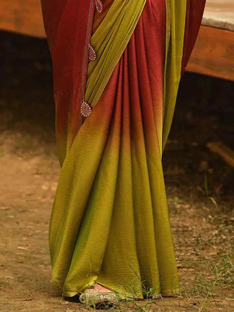 Red Chinon Satin Handwoven Party Festival Classic Style Saree