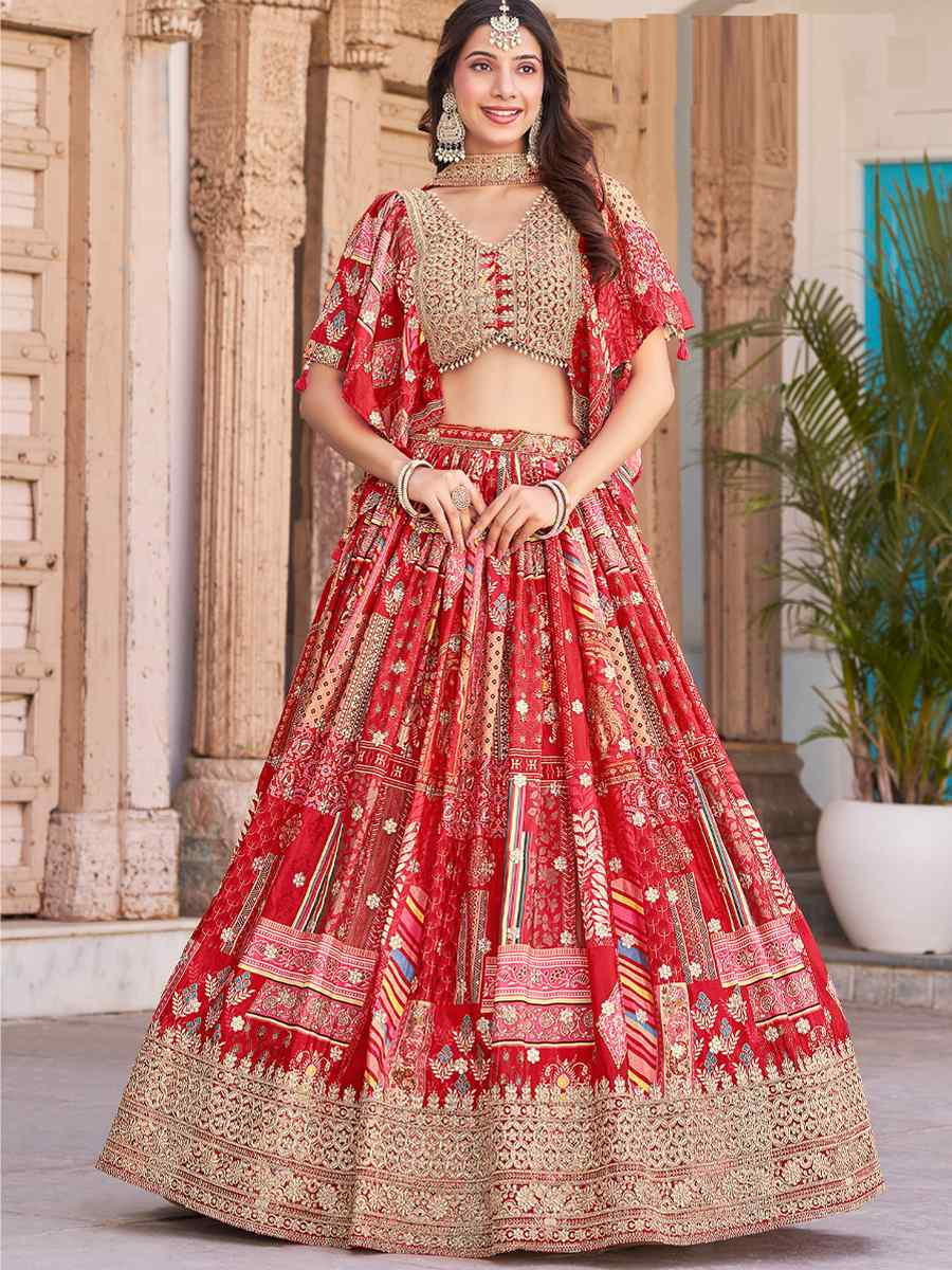 Red Chinon Silk Embroidered Wedding Reception Festival Heavy Border Lehenga Choli